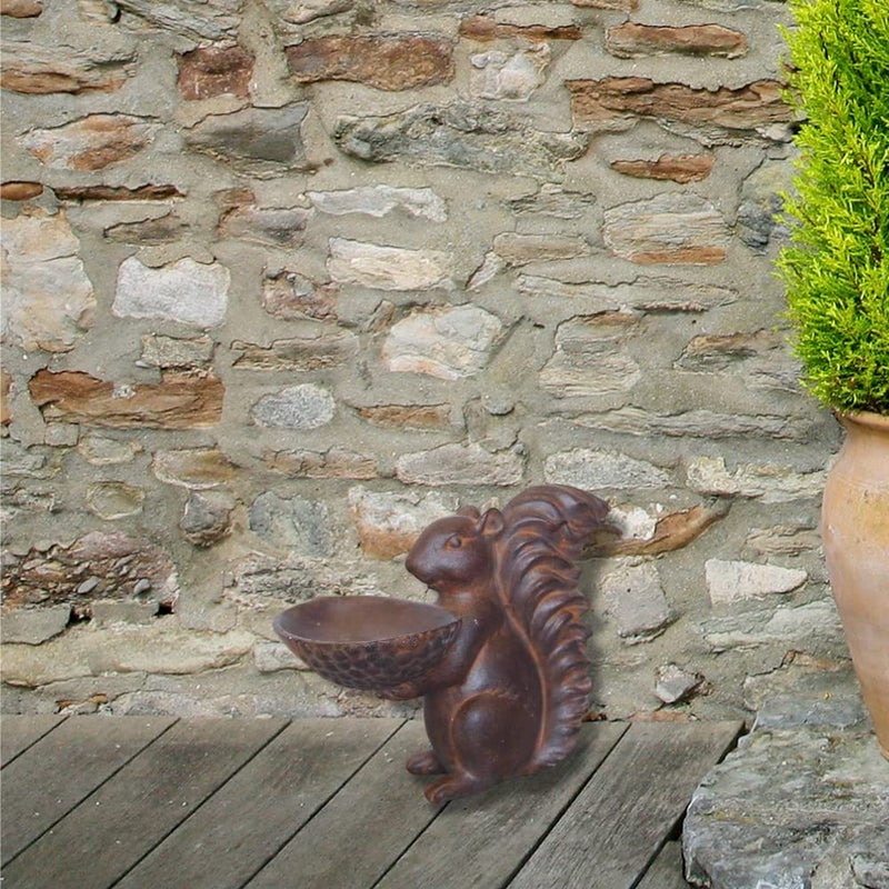 Comfy Hour Farmhouse Collection 8" Decorative Squirrel Holding A Plate Figurine, for Indoor Candy Plate Or Outdoor Birdfeeder Use, Polyresin Statue Antique Copper Looking - Image 3